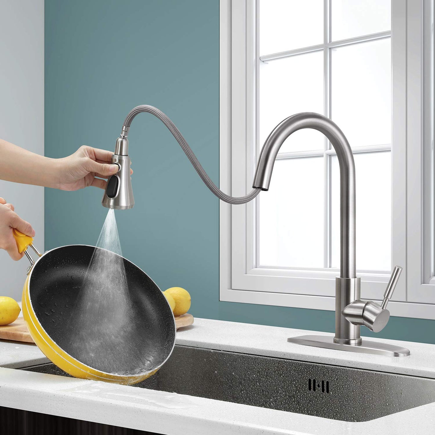 SOKA Commercial Kitchen Faucet with Pull Down Sprayer RV Touch Faucet for Kitchen Sink Singel Handle Travel Trailer Brushed Nickel Kitchen Faucet High Arc Fit for 1 & 3 Hole with Desk Plate