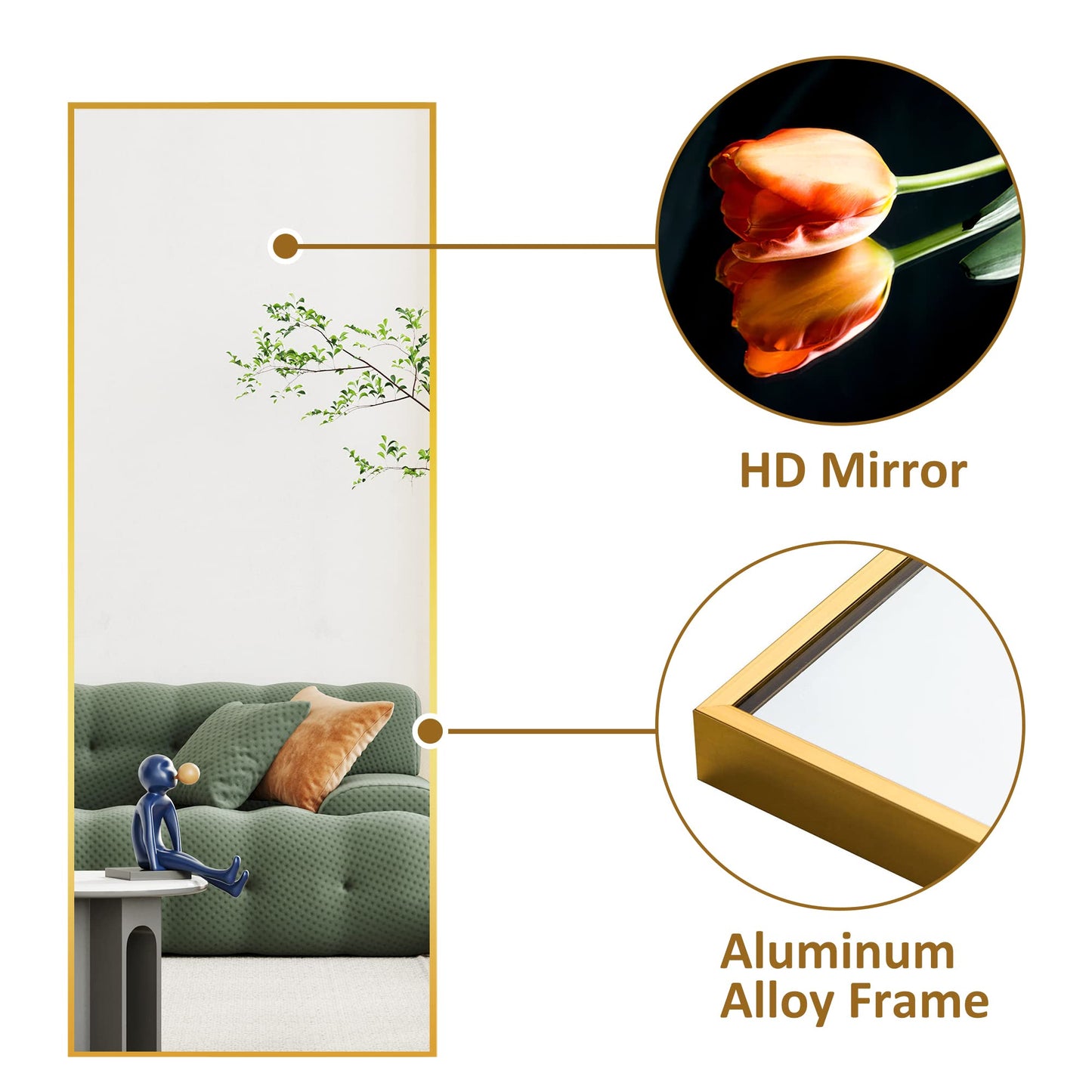 UPDATE: SOLD OUT! self Full Length Floor Mirror 47"x16" Large Rectangle Wall Mirror Hanging or Leaning Against Wall for Bedroom, Dressing and Wall-Mounted Thin Frame Mirror - Gold, 47" x 16" (USAM004)