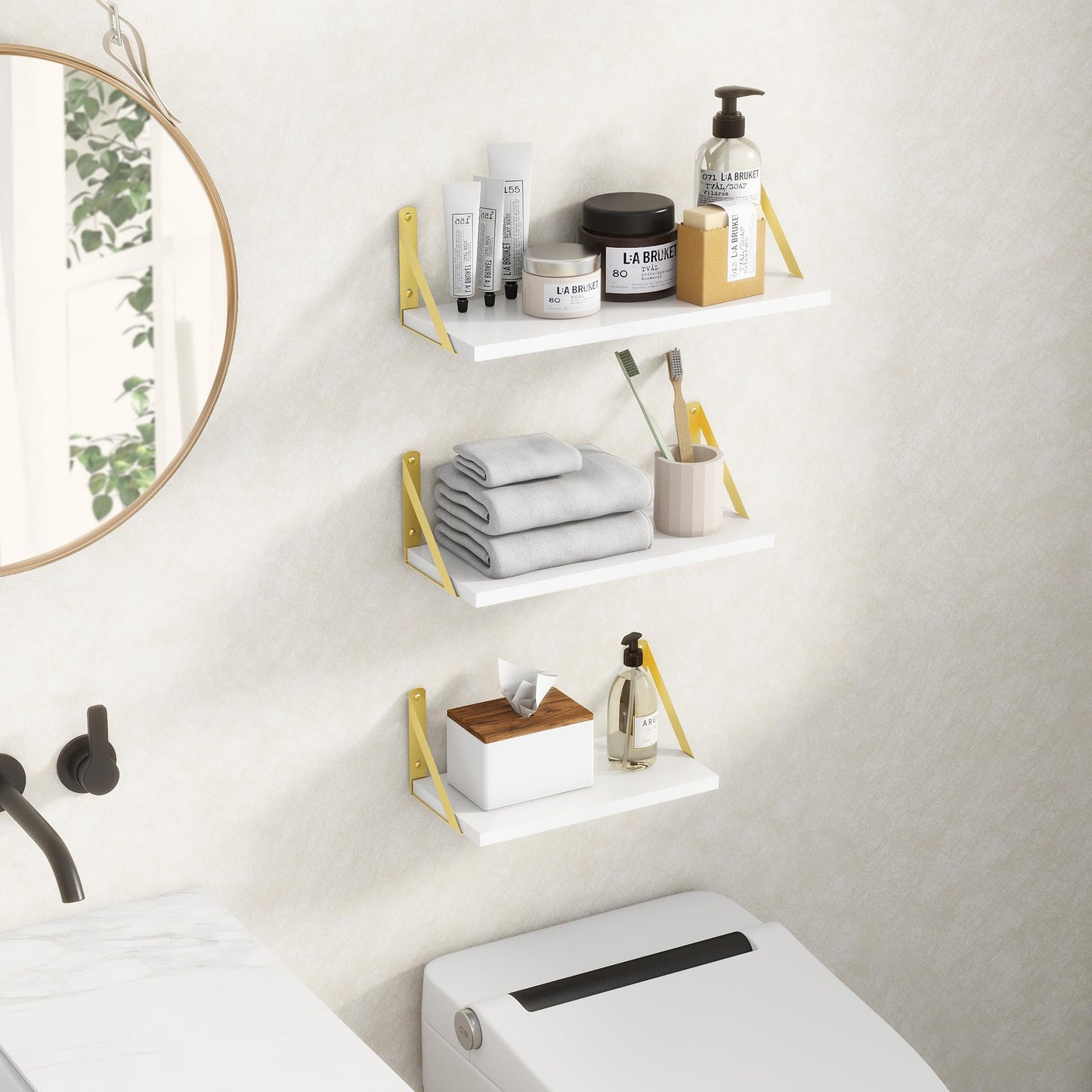 Floating Shelves Wall Mounted Set of 3, Rustic Wall Shelves for Home Decor, Floating Wood Shelf for Books, Plants, Pictures, Storage Wall Shelf for Bathroom,Kitchen,Living Room (White and Gold)
