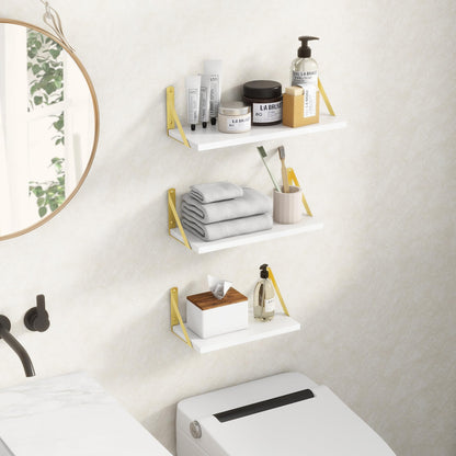 Floating Shelves Wall Mounted Set of 3, Rustic Wall Shelves for Home Decor, Floating Wood Shelf for Books, Plants, Pictures, Storage Wall Shelf for Bathroom,Kitchen,Living Room (White and Gold)