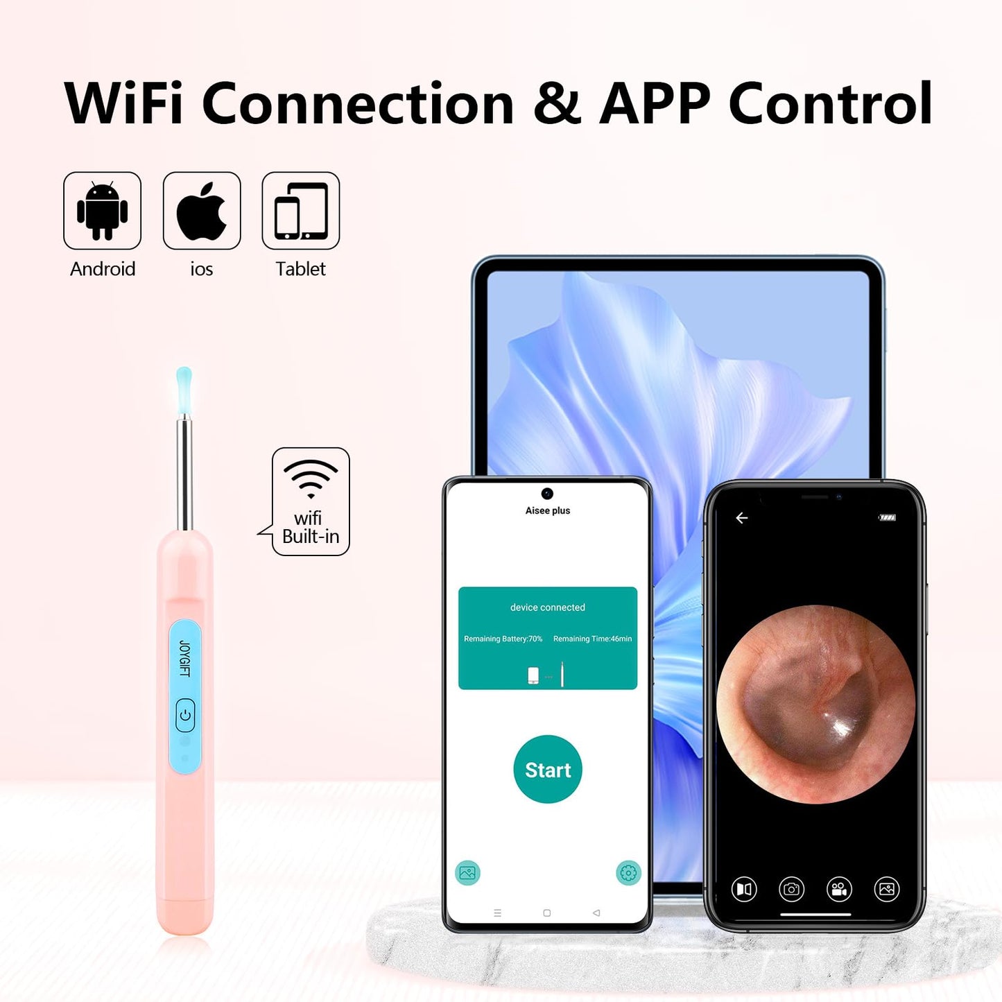Joygift Ear Wax Removal Kit with Camera,1080P Earpick,with IP67 Waterproof Lens,6 LED Lights,8Pcs Ear Care Kit for Daily Use,Wireless Visual Ear Scoop Tool for Android and iPhone Tablets,Pink