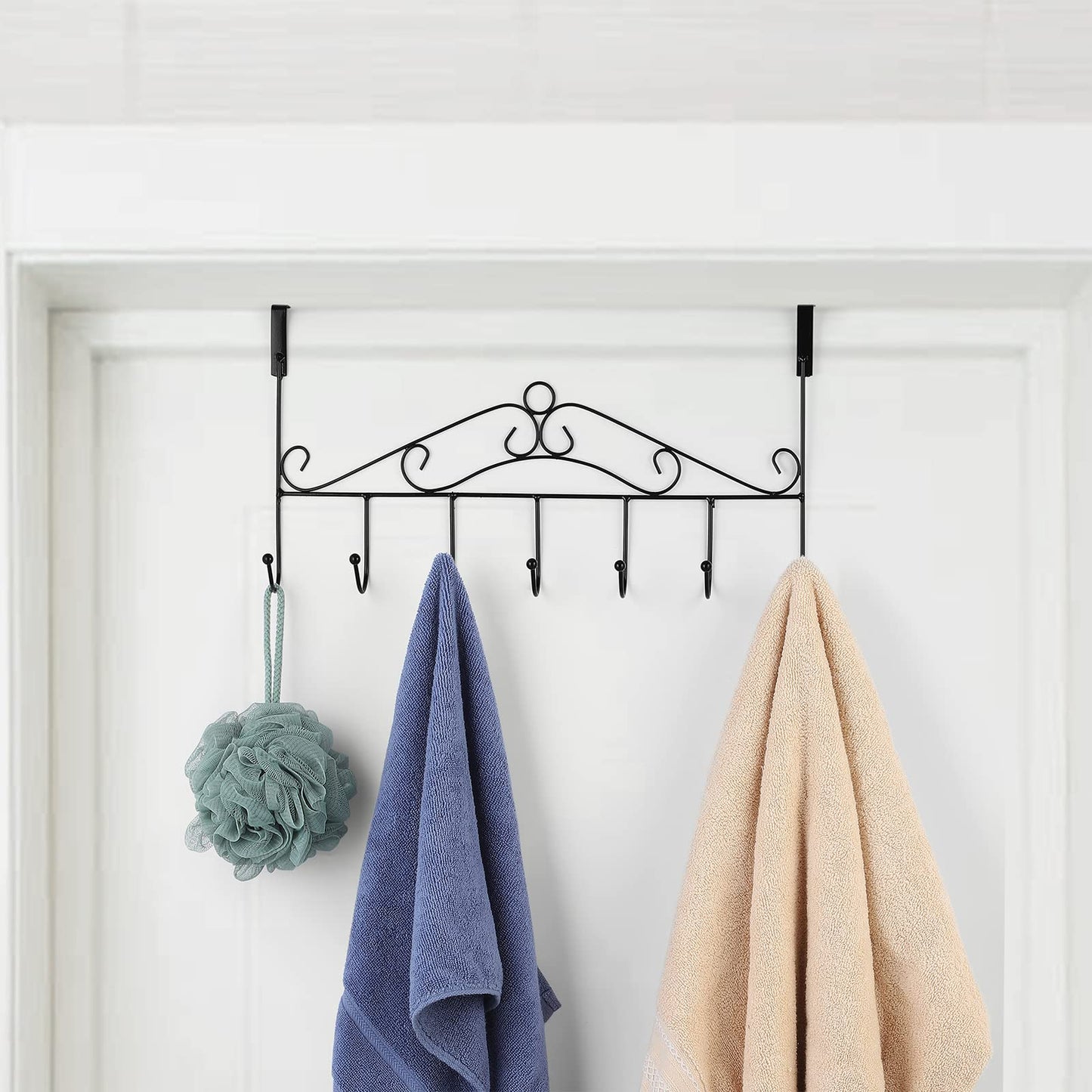 4 Pack Over The Door Hooks Hanger,Over The Door Towel Rack Coat Rack with 7 Hooks, Metal Hanging Organizer for Clothes Coat Hat Towel Bedroom Bathroom, Black