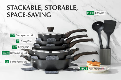 SENSARTE Pots and Pans Set Nonstick, 14 Pcs Induction Kitchen Cookware Sets, Non-toxic Non Stick Cooking Set with Frying Pans Set & Saucepan, PFOA PFOS APEO Free, Black