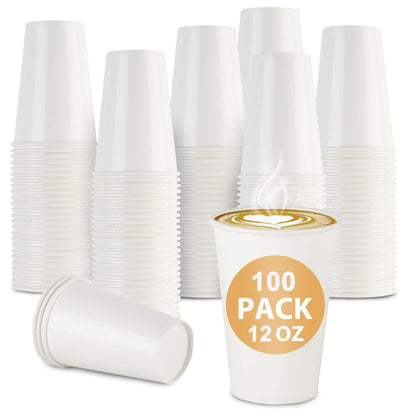 vivigu Coffee Cups 12 oz - 100 Pack White Paper Cups, To Go Coffee Cups, Disposable Tea Cups for Tea Party, Hot Cups Bulk for Office, Home, Travel, Restaurants
