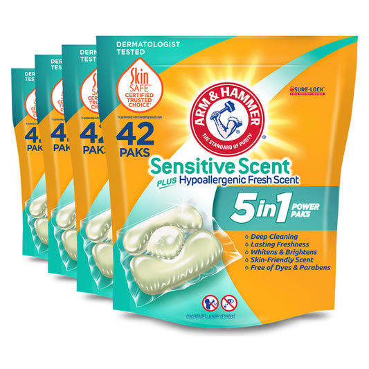 Arm & Hammer Sensitive Scent 5-in-1 Liquid Laundry Detergent Power Paks, High Efficiency (HE), 42 Count (Pack of 4)