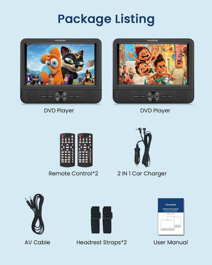 FANGOR 7.5" Dual Portable DVD Player for Car, Car DVD Player Dual Screen Play a Same or Two Different Movies with Headrest Strap, Regions Free,Support Last Memory, AV Out&in,USB/SD/Sync TV