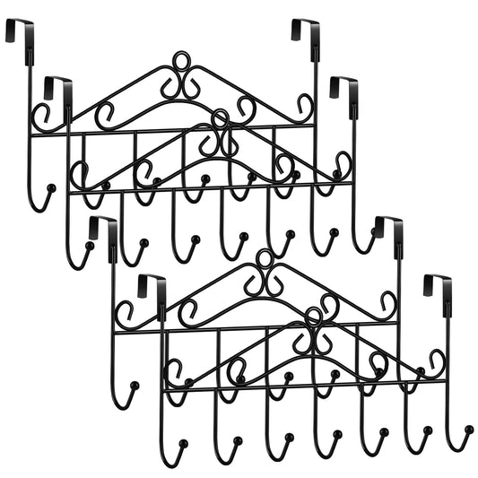 4 Pack Over The Door Hooks Hanger,Over The Door Towel Rack Coat Rack with 7 Hooks, Metal Hanging Organizer for Clothes Coat Hat Towel Bedroom Bathroom, Black