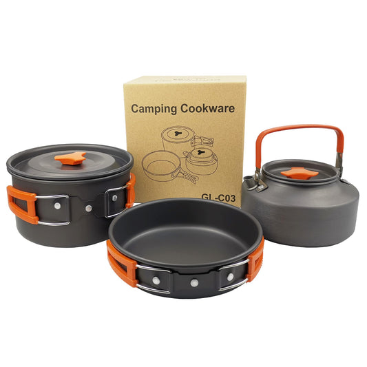 aiGear Camping Cooking Set Cookware Mess Kit with Storage Bag Pot Pan and Teapot Set Camping Accessories for Outdoor Camping Hiking Picnic Portable and Lightweight Aluminum Color Orange (CC01OR05)