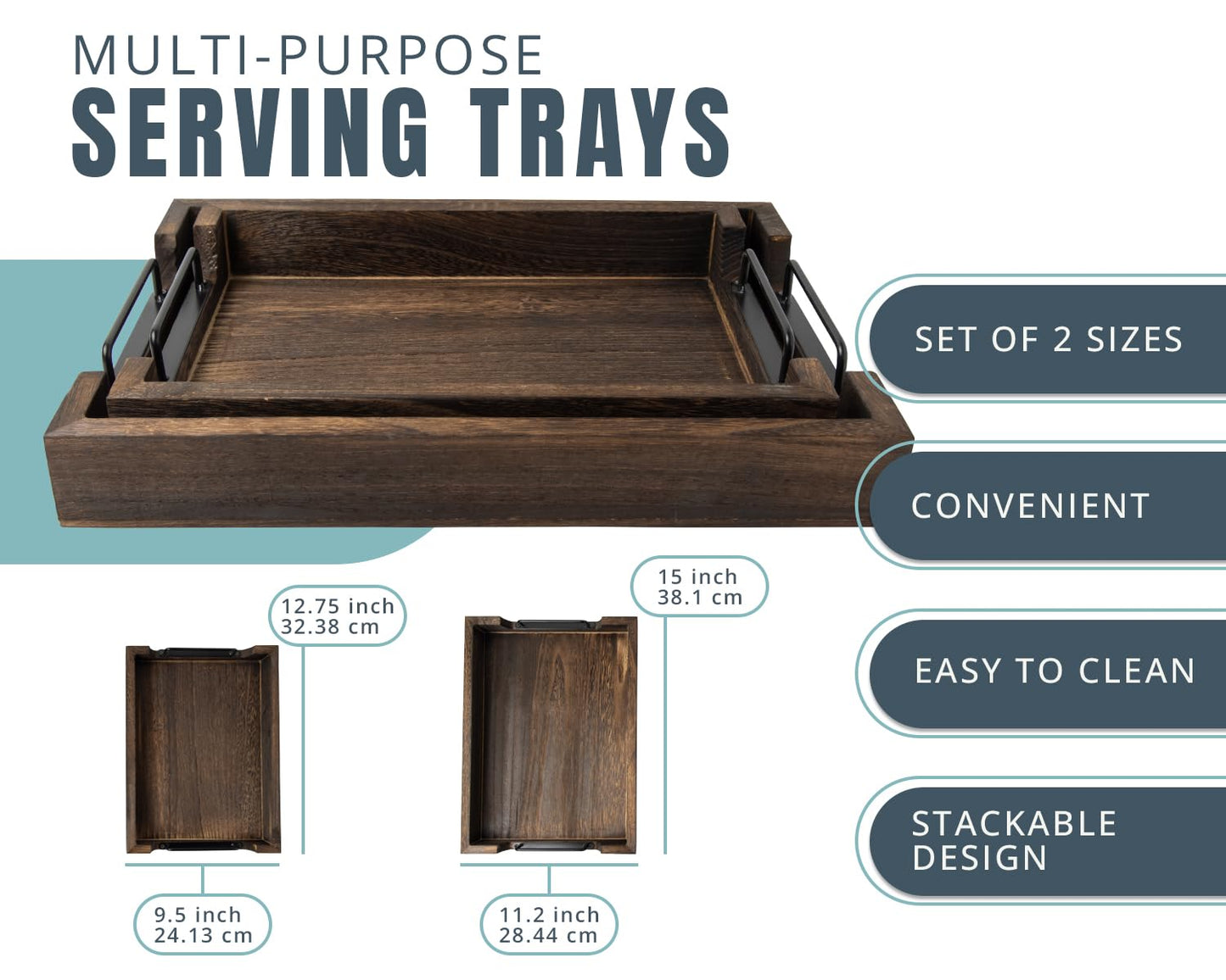 Rustic Wooden Serving Trays with Handle - Set of 2 - Large and Small, Nesting Multipurpose Trays - for Breakfast, Coffee Table/Butler & More - Rustic Brown