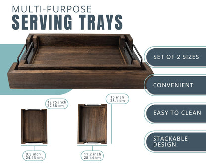 Rustic Wooden Serving Trays with Handle - Set of 2 - Large and Small, Nesting Multipurpose Trays - for Breakfast, Coffee Table/Butler & More - Rustic Brown