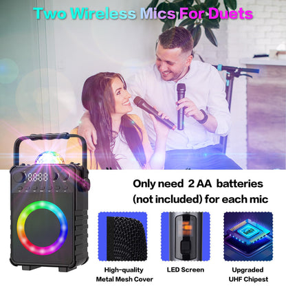 VerkTop Karaoke Machine, Portable Bluetooth Karaoke Speaker with 2 Wireless Mics for Adults Kids Singing Machine with Disco LED Lights Gifts for Girls Boys Home Party