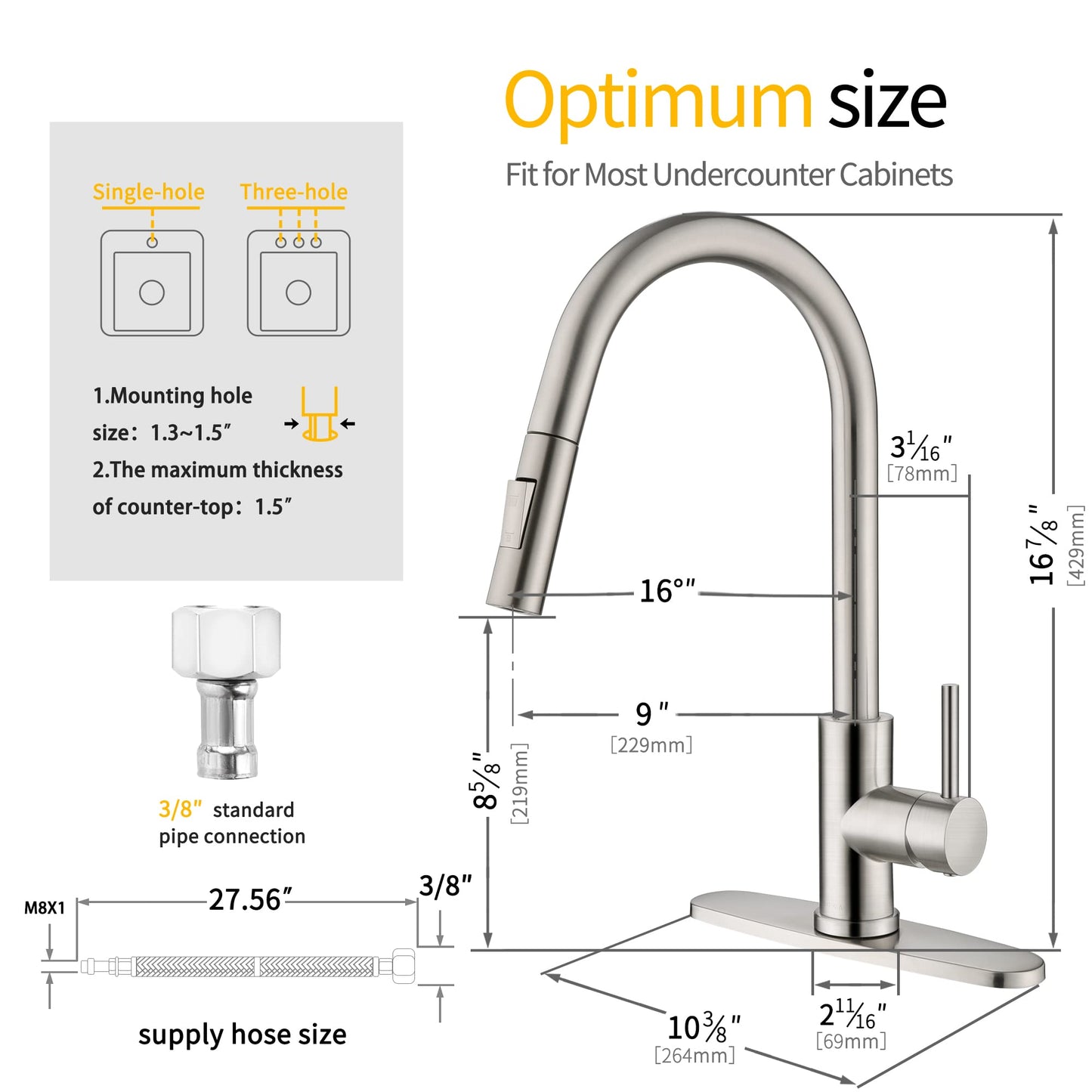 SOKA Commercial Kitchen Faucet with Pull Down Sprayer RV Touch Faucet for Kitchen Sink Singel Handle Travel Trailer Brushed Nickel Kitchen Faucet High Arc Fit for 1 & 3 Hole with Desk Plate