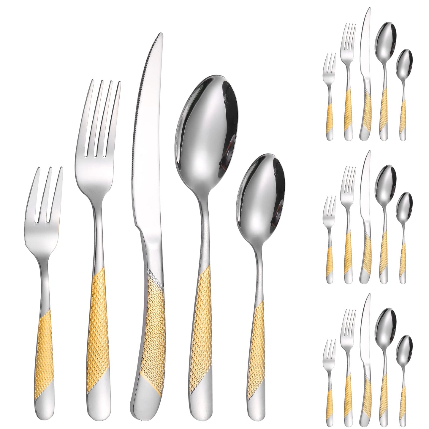 A·HOUSEWARE Hammered Silverware Set Gold and Silver 20 Pieces Stainless Steel Cutlery Flatware Sets for 4 Forks Spoons with Patten Handle Dishwasher Safe Heavy Duty