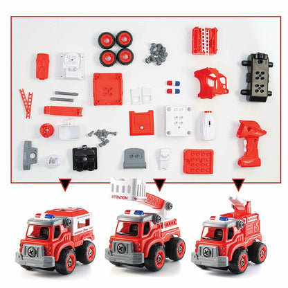 Top Race Firetruck Toy with Battery Powered Drill – Heavy Duty 3-in-1 Take Apart Truck and Remote Control – Easy to Assemble Toy Firetrucks for Kids (Ages 3 and Above), Construction Toys, Toy Car