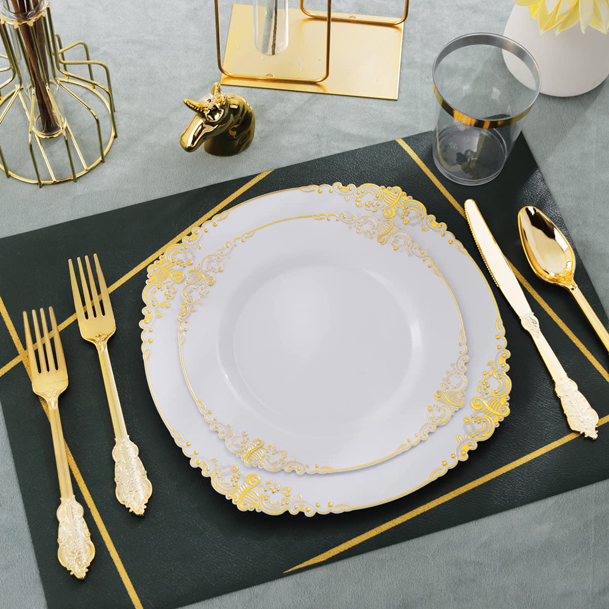 Nervure 350PCS White and Gold Plastic Plates & Pre Rolled Napkins with Plastic Cutlery for 50 Guests-Gold Disposable Plates, 150 Gold Plastic Silverware, 50Cups, 50Napkins for Wedding & Party