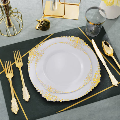 Nervure 350PCS White and Gold Plastic Plates & Pre Rolled Napkins with Plastic Cutlery for 50 Guests-Gold Disposable Plates, 150 Gold Plastic Silverware, 50Cups, 50Napkins for Wedding & Party