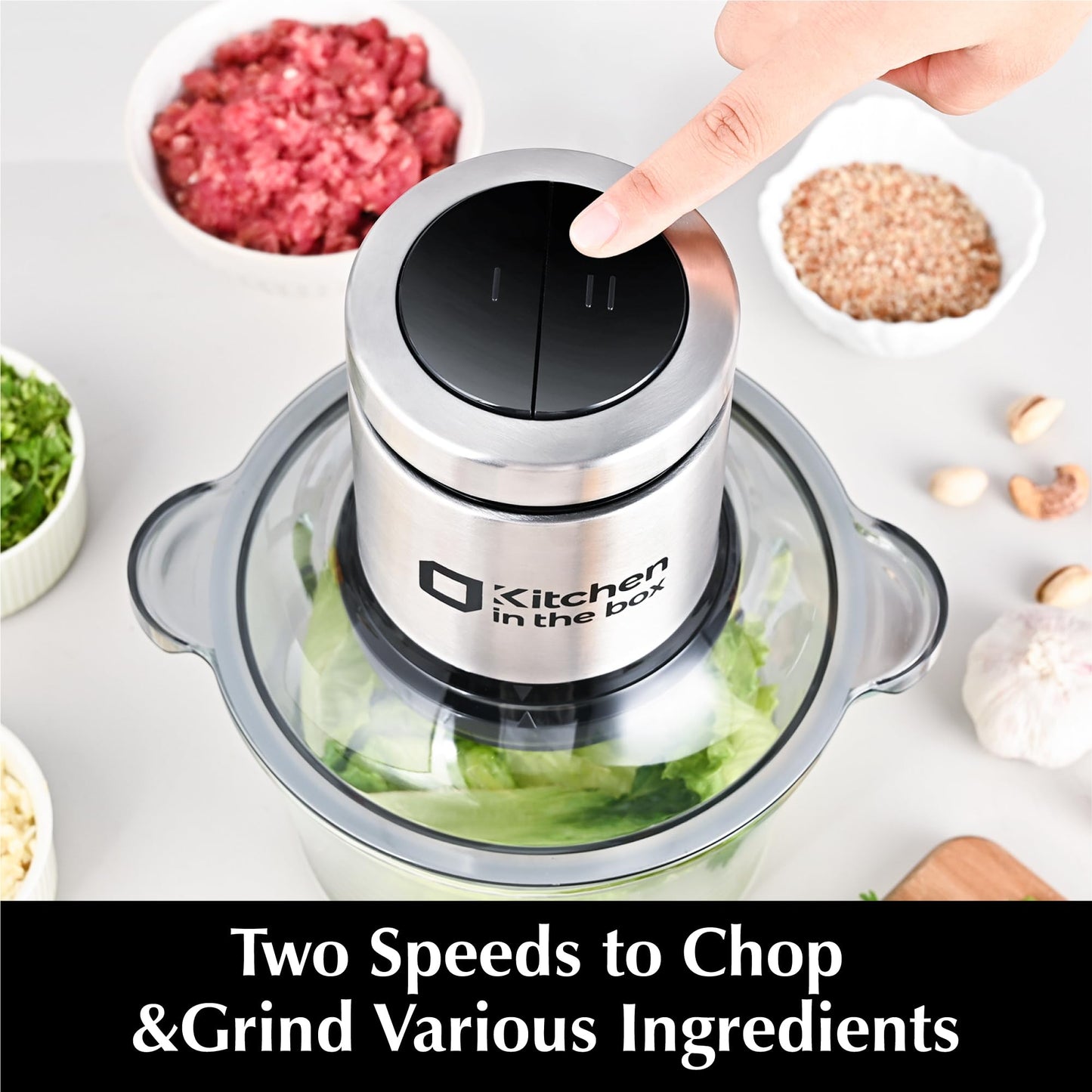 Kitchen in the box Food Processors,Small Meat Grinder & Food Chopper Electric Vegetable Chopper with 2 Bowls (8 Cup+8 Cup)& 2 Bi-Level Blades for Meat/fish/Vegetable/Baby Food，400 W (Black)