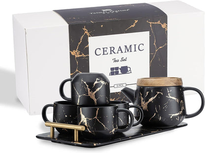 Black Tea Set, 25oz Tea Pot Sets with Infuser, 4 Tea Cups and Porcelain Tray, Luxury Tea Sets for Women with Modern Marble Design, Tea Gift Set for Tea Lovers, Woman and Men