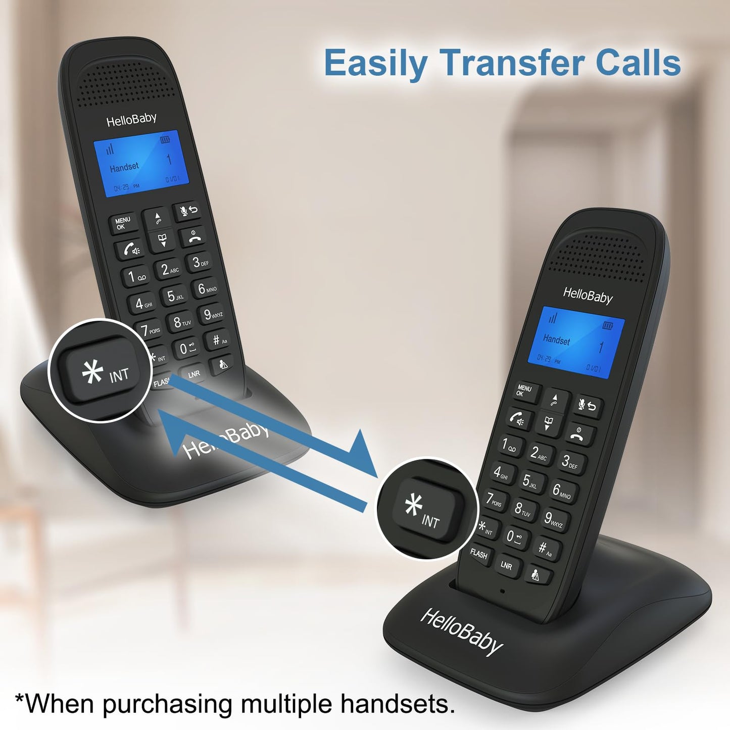 HelloBaby Cordless Phone with 2 Handsets, Advanced Call Block, Expandable Cordless Phone with Trilingual Caller ID/Call Waiting, Full-Duplex Handset Speakerphone(HB1688-2, Black)