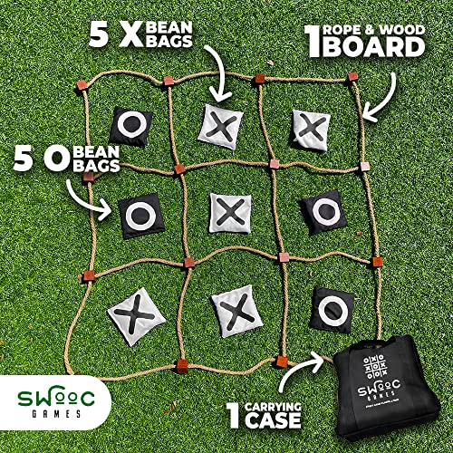 SWOOC Games - Giant Tic Tac Toe Game Outdoor Game | 3ft x 3ft | Instant Setup, No Assembly | Tic Tac Toe Bean Bag Toss with Rope Game Board | Large Tic Tac Toss Across Yard Game for Kids & Family