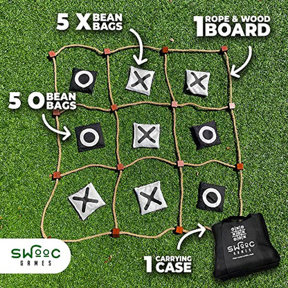 SWOOC Games - Giant Tic Tac Toe Game Outdoor Game | 3ft x 3ft | Instant Setup, No Assembly | Tic Tac Toe Bean Bag Toss with Rope Game Board | Large Tic Tac Toss Across Yard Game for Kids & Family