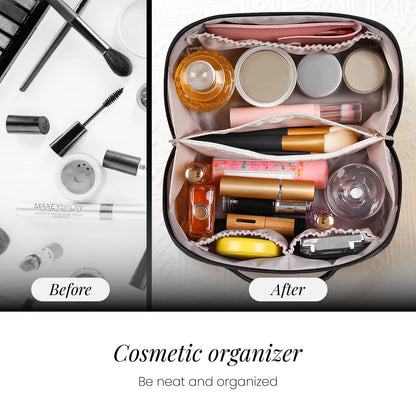 LASPERAL Travel Makeup Bag Large Capacity Cosmetic Bag Organizer Leather Waterproof Portable Compact Skincare Storage Checkered Pouch with Handle and Dividers for Women Girls Makeup Brushes (Black)