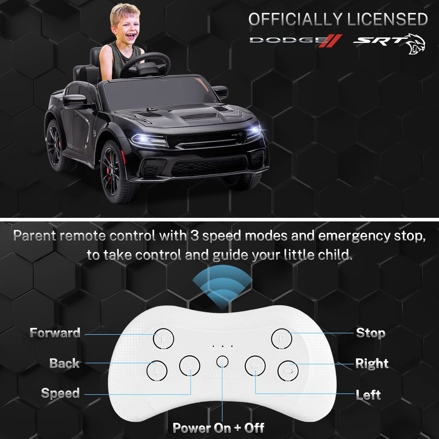 ENYOPRO 12V 7Ah Kids Electric Ride on Car, Licensed Dodge Charger SRT Hellcat, Battery Powered 4-Wheels Toy Car Electric Vehicle for Kids with Remote Control, 3 Speeds, LED Lights, Music (Black)