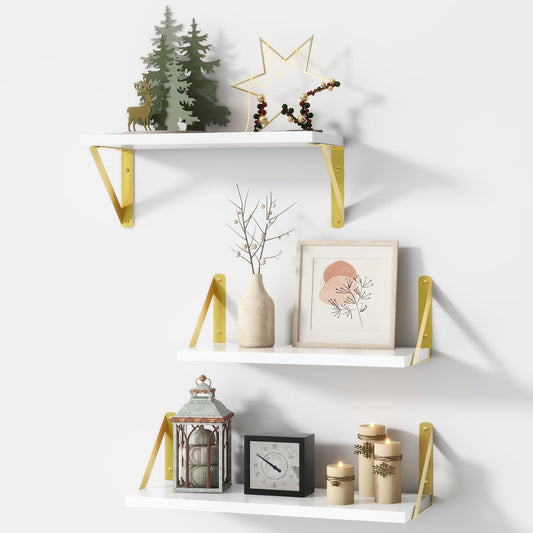 Floating Shelves Wall Mounted Set of 3, Rustic Wall Shelves for Home Decor, Floating Wood Shelf for Books, Plants, Pictures, Storage Wall Shelf for Bathroom,Kitchen,Living Room (White and Gold)