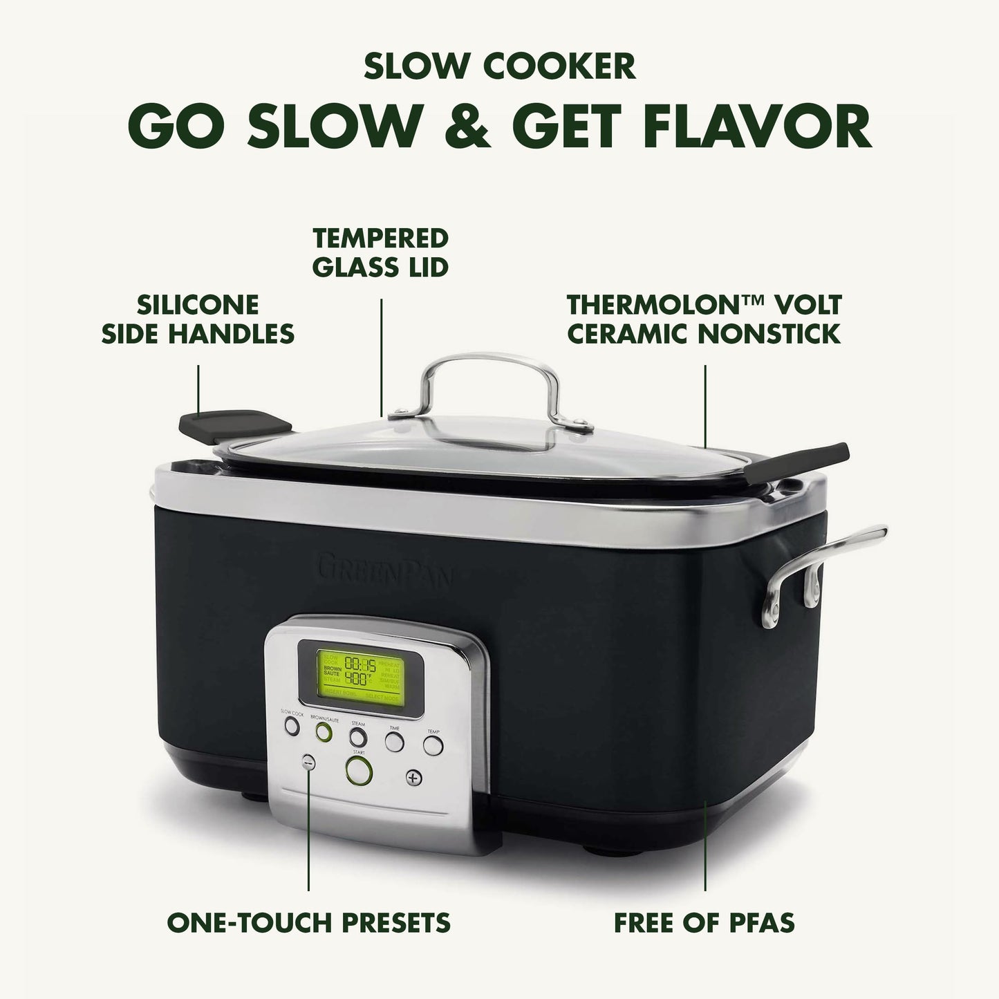 GreenPan Elite 8-in-1 Programmable 6QT Electric Slow Cooker, Dishwasher Safe Lid & Removable Crock, PFAS-Free Healthy Ceramic Nonstick Multi-Cooker, Sear, Sauté/Brown, Steam Basket, Roast, Black