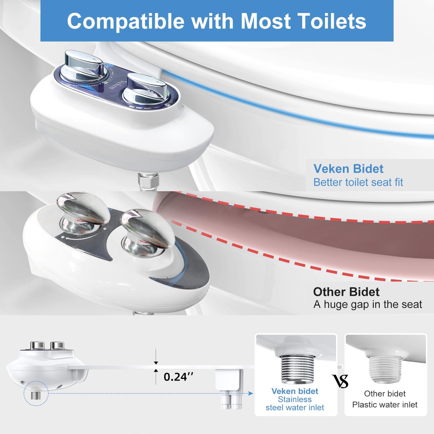 Veken Non-Electric Self-Cleaning Dual Nozzle (Frontal/Feminine Wash), Fresh Spray Bidet for Toilet with Adjustable Water Pressure Switch