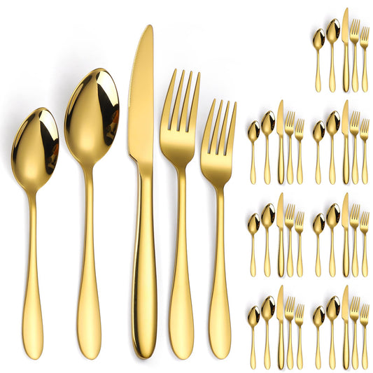 A · HOUSEWARE Gold Silverware Set for 8 Stainless Steel Flatware 40 Piece Fork Spoon Knife Heavy Duty Thick Handle Parties Dishwasher Safe Family Gatherings Parties and Formal Occasions