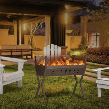 Rectangular Fire Pit for Outside, Outdoor Wood Burning Fire Pit for Patio Backyard Garden Deck Camping, Bonfire Campfire Metal Fire Pit Table with Glass Wind Guard, Brown