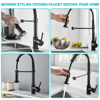 Stylish Kitchen Faucets with Pull Down Sprayer, Food Grade Material 304 Stainless Steel Single Handle Spring Kitchen Sink Faucet for Home,Commercial,rv Kitchen - Matte Black