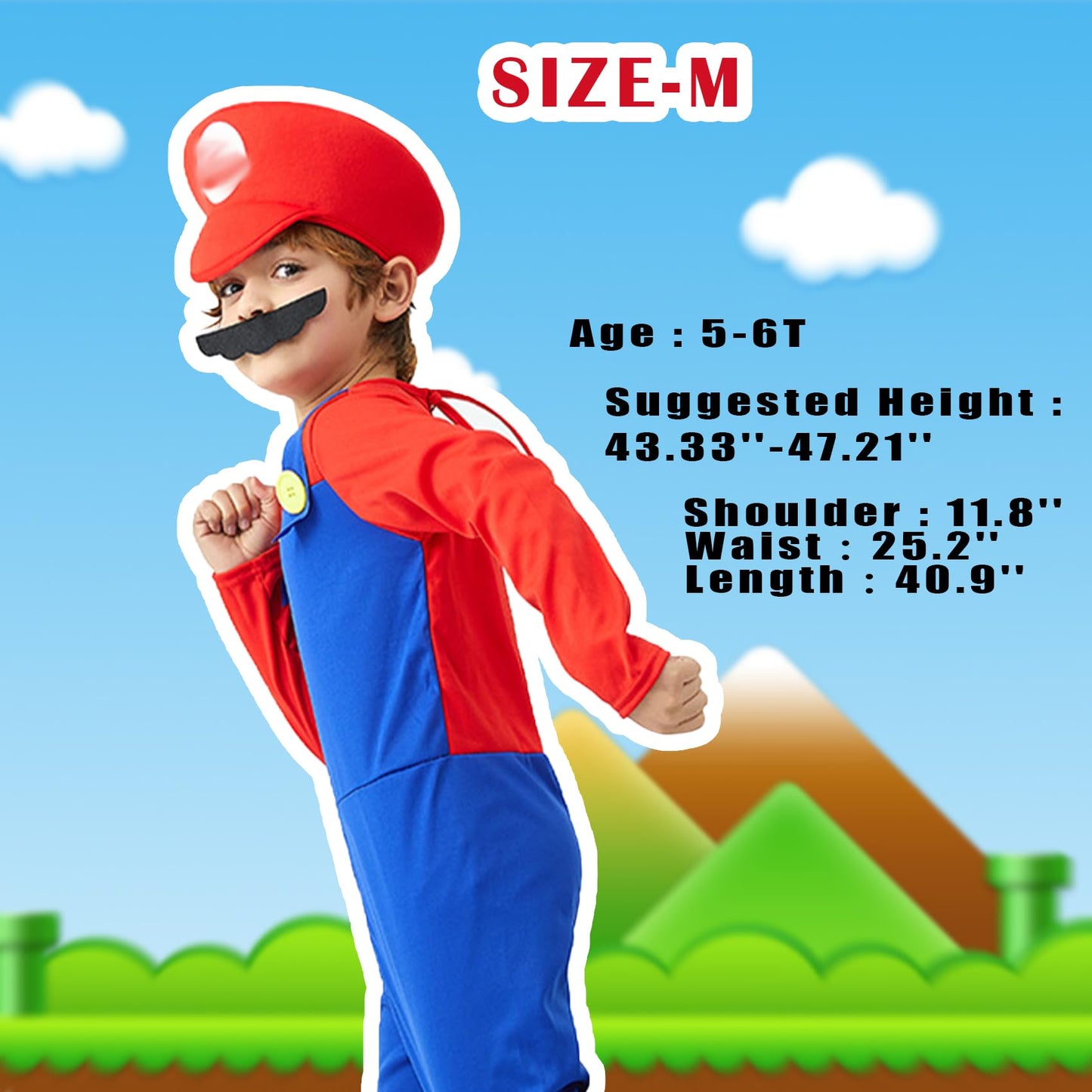 TIDAXU Plumber Mario Costume for Kids Boys Halloween Cosplay Super Brother Costume with Accessory Hat Mustache Gloves (Red, Medium)