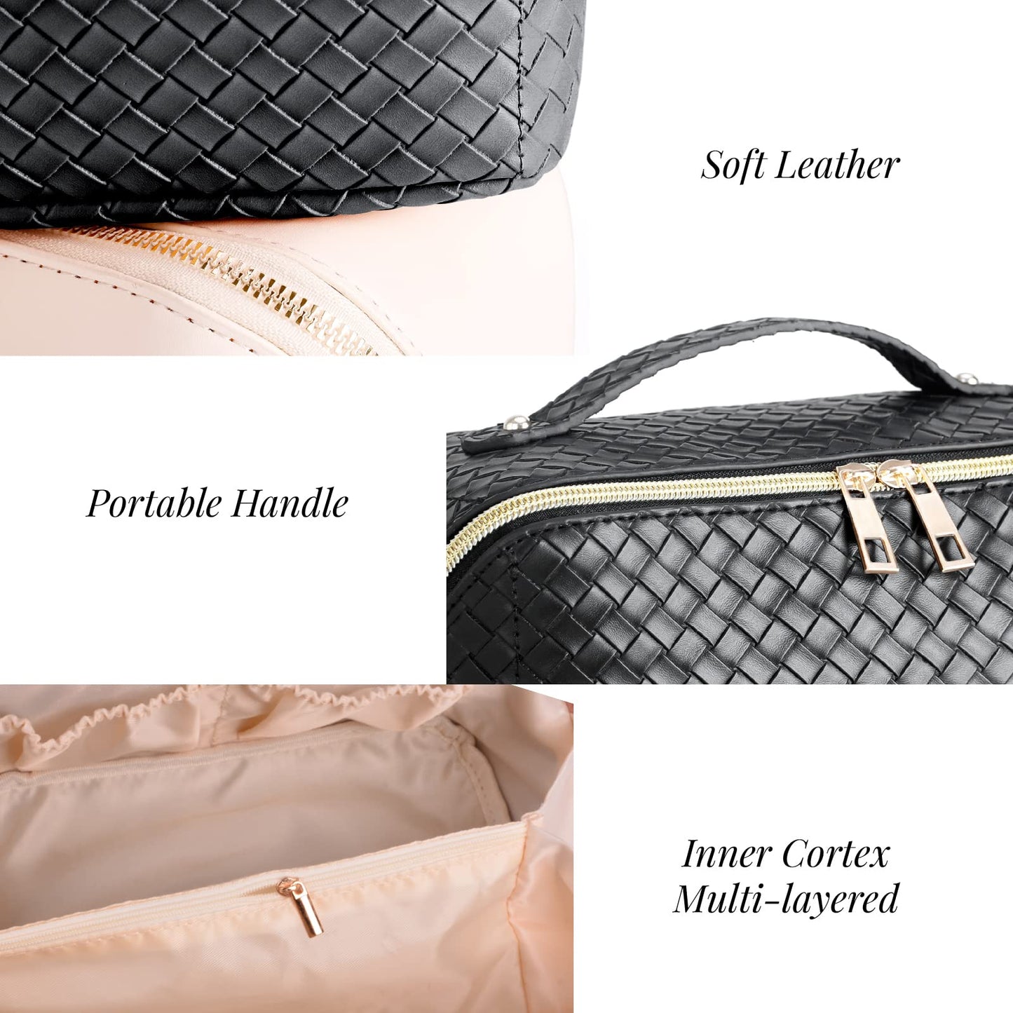 LASPERAL Travel Makeup Bag Large Capacity Cosmetic Bag Organizer Leather Waterproof Portable Compact Skincare Storage Checkered Pouch with Handle and Dividers for Women Girls Makeup Brushes (Black)