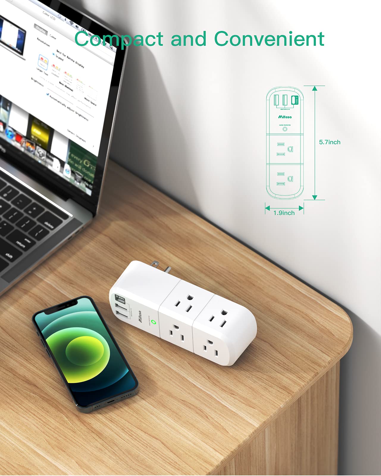 USB Outlet Extender Surge Protector - with Rotating Plug, 6 AC Multi Plug and 3 Ports (1 C), 1800 Joules, 3-Sided Swivel Power Strip Spaced Splitter for Home, Office, Travel