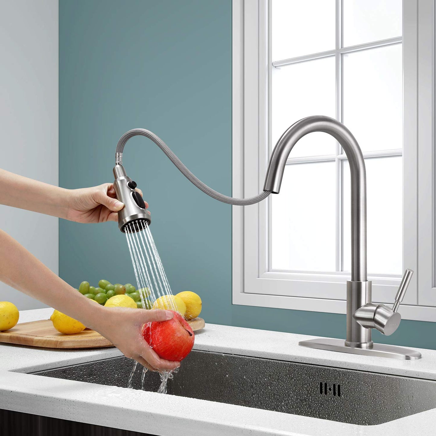SOKA Commercial Kitchen Faucet with Pull Down Sprayer RV Touch Faucet for Kitchen Sink Singel Handle Travel Trailer Brushed Nickel Kitchen Faucet High Arc Fit for 1 & 3 Hole with Desk Plate