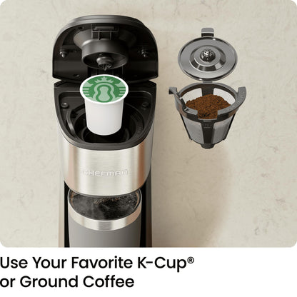 Chefman INSTACOFFEE MAX+ Pod & Coffee Ground Brewer with Lift & Water Reservoir-LR, 14 Ounces, Black