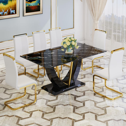 JUFU 71" Modern Dining Room Table Set for 6, Black Marble Faux Kichen Table Set with U-Shaped Base，Luxurious Rectangular Diner Table ANG Leather Dining Chairs with Golden Legs