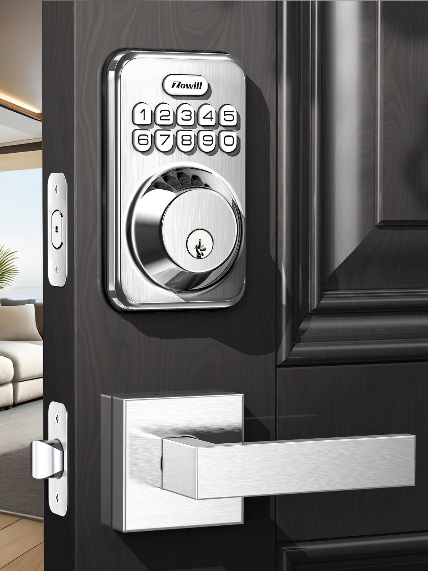 Zowill Keyless Entry Door Lock with 2 Lever Handles, Electronic Keypad Deadbolt, Auto-Locking, Anti-Peeping Password, Digital Smart Code Door Lock, Front Door Handle Sets, Satin Nickel