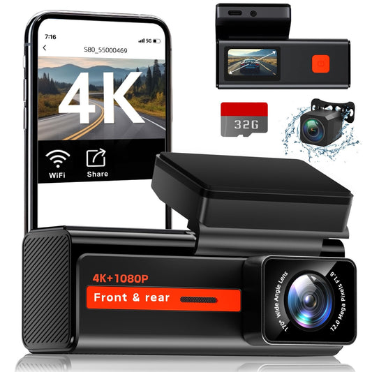 Dash Cam Front and Rear, Veement S80 4k+1080P Dual Dash Camera for Cars, WiFi Mini Car Camera,1.47” Display Dashcam,170°Wide, Night Vision,24H Parking Mode, G-Sensor,Loop Recording, Free 32G Card, App