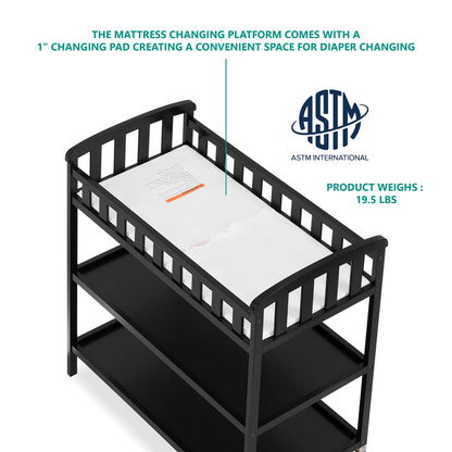 Dream On Me Emily Changing Table In Black, Comes With 1" Changing Pad, Features Two Shelves, Portable Changing Station, Made Of Sustainable New Zealand Pinewood