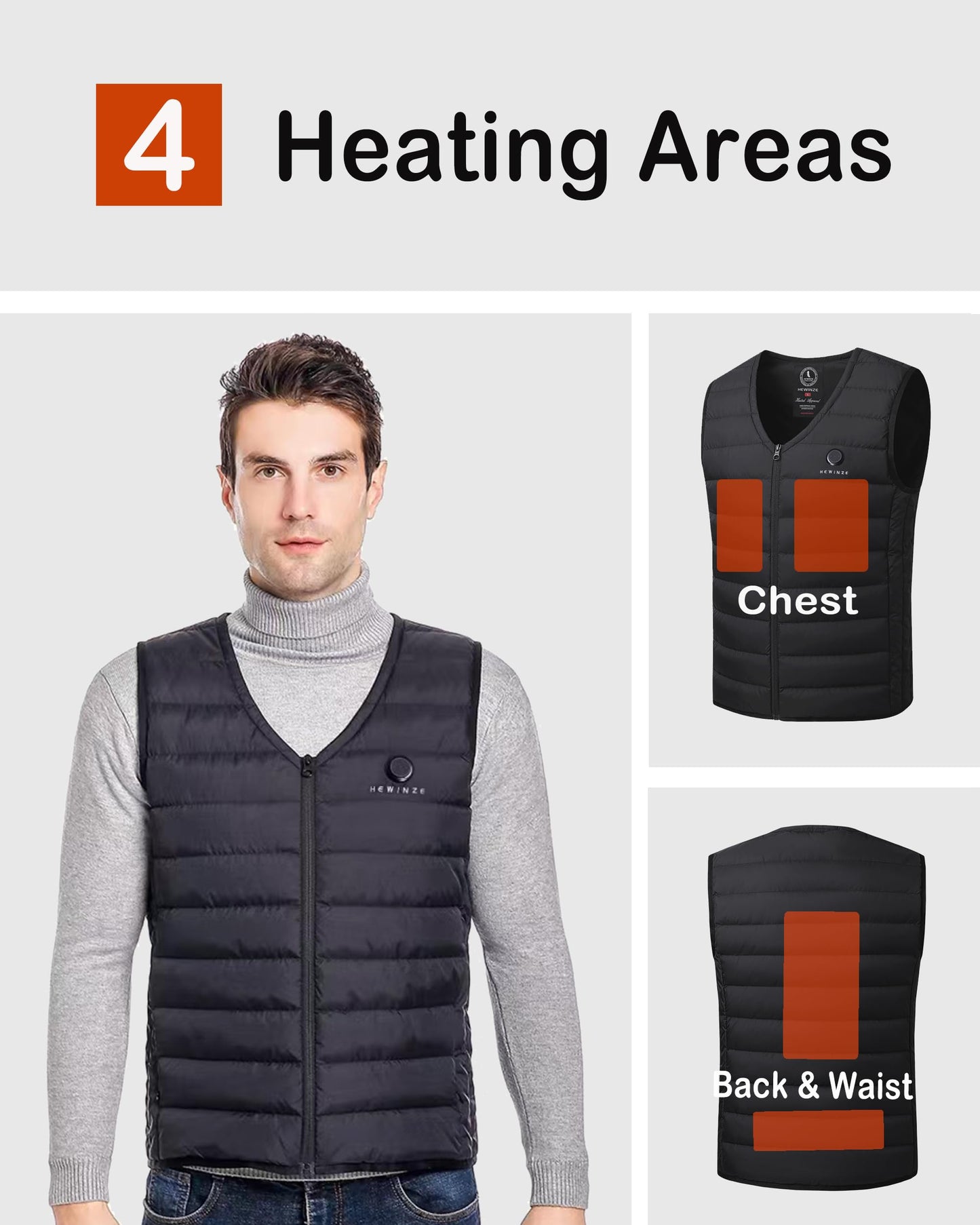 HEWINZE Men's Heated Vest Lightweight V-Neck with Battery Pack 5V,Electric Heating Vest,US Medium, Black