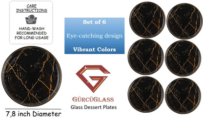 GURCUGLASS Glass Plate Set 7,8 Inch - Salad Plates | Dessert Appetizer Plates - Glass Lunch Plates - Small Plates Set, Set of 6, Suitable for Snacks, Appetizer, Home, Party, Restaurant (Black Marble)