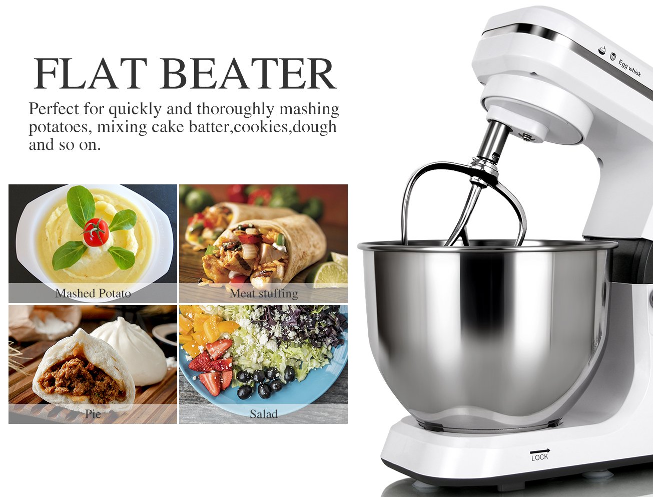 MURENKING Stand Mixer 5.3-Quart 500W,6+P Speed Tilt-Head Kitchen Electric Food Mixers Home Baking Dough Machine with Stainless Steel Bowl,Dough Hooks, Whisk, Beater, Pouring Shield (White)