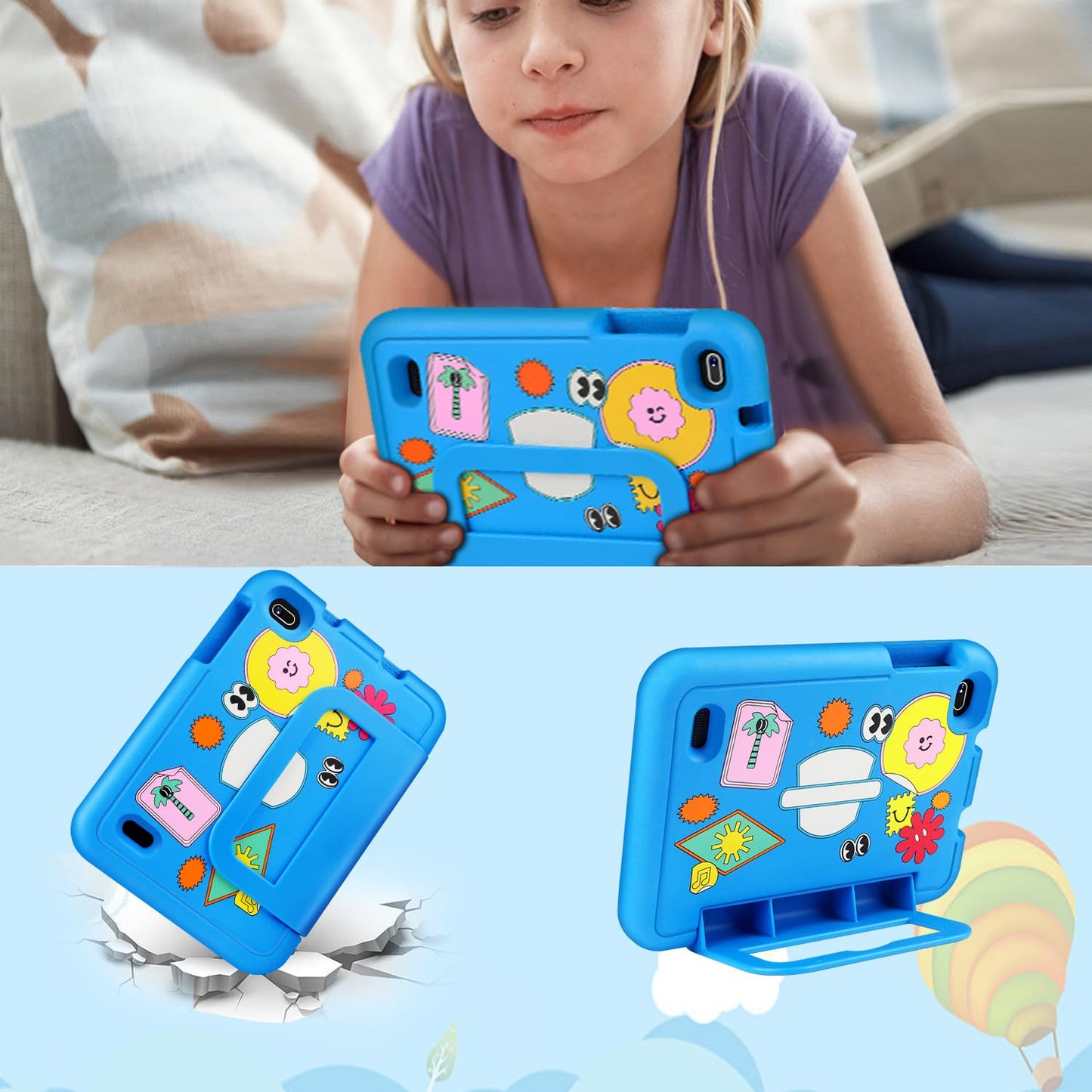 Oangcc Kids Tablet 7 Inch FHD Android 13 Children's Tablet, Wi-Fi 6, Bluetooth 5.0, 7GB RAM+ 64GB ROM (TF 512GB/1TB) | 3500mAh | 1024 x 600 Pixels | Child Proof Eva Case Tablet - Blue