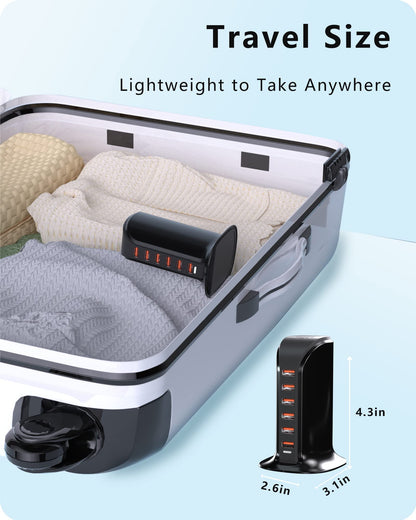 VPSUN USB Charger 6 Port 50W Multi USB Tower Charging Station for Multiple Devices iPhone 15/14/14 Pro/14 Pro Max/13 Pro/13 Pro Max/Android/Samsung/Tablet,etc(Black USB)