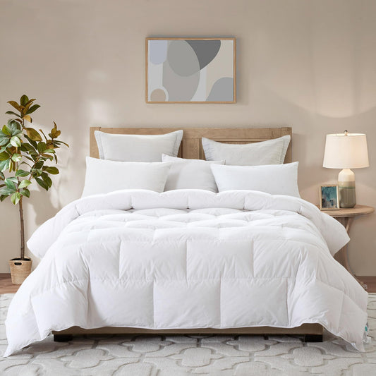 Luxury Queen Size White Goose Feather Down Comforter, All Seasons Duvet Insert 600 Thread Count Soft 100% Organic Cotton Cover Down Proof,Medium Warmth Cozy Duvet with 8 Corner Tabs.