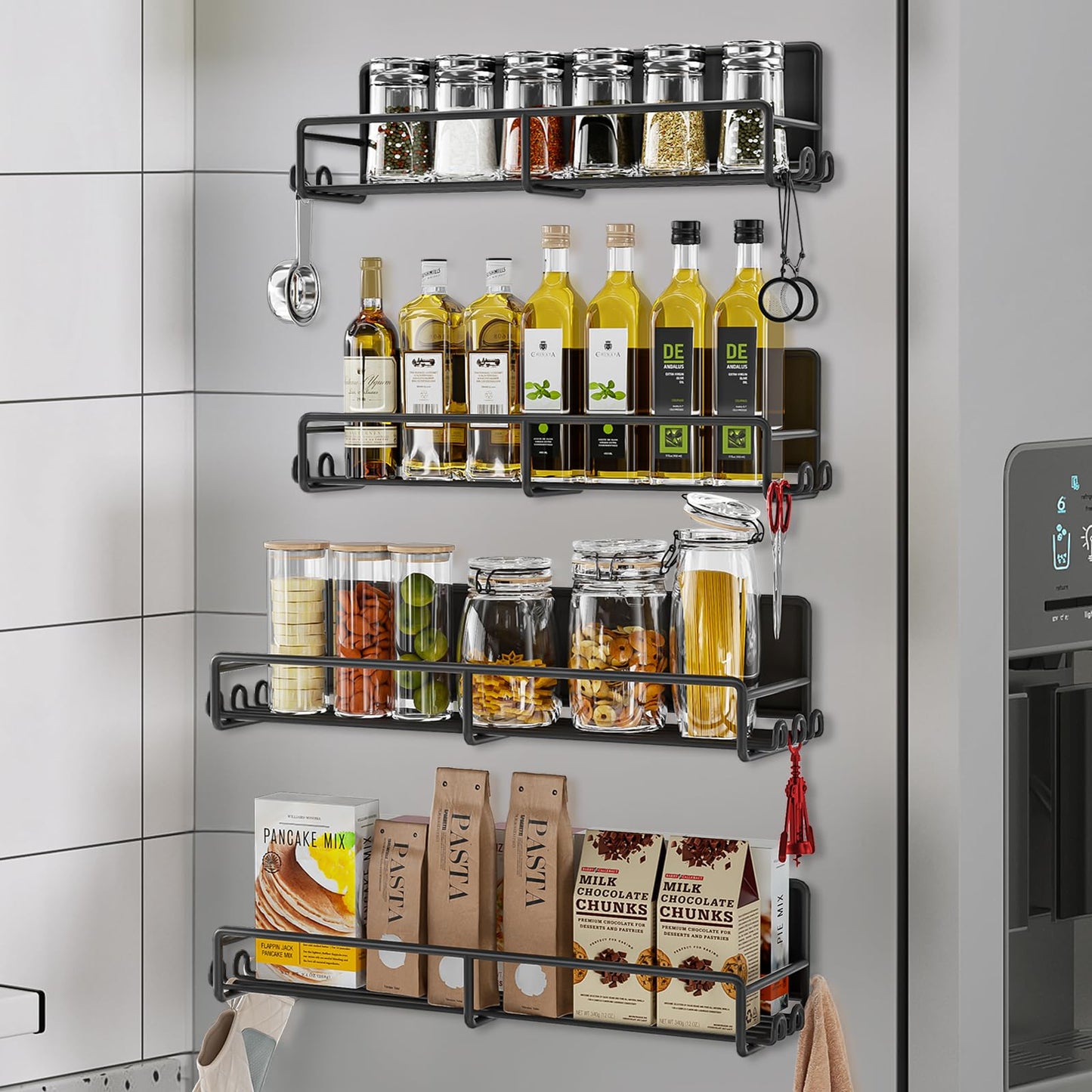 UPDATE: DEAD! SUNALLY Magnetic Spice Rack for Refrigerator, 4 Pack Magnetic Fridge Shelf with Hooks, Spice Organizer Shelf for Kitchen Organization and Storage, Seasoning Organizer Gadgets for Metal Surface