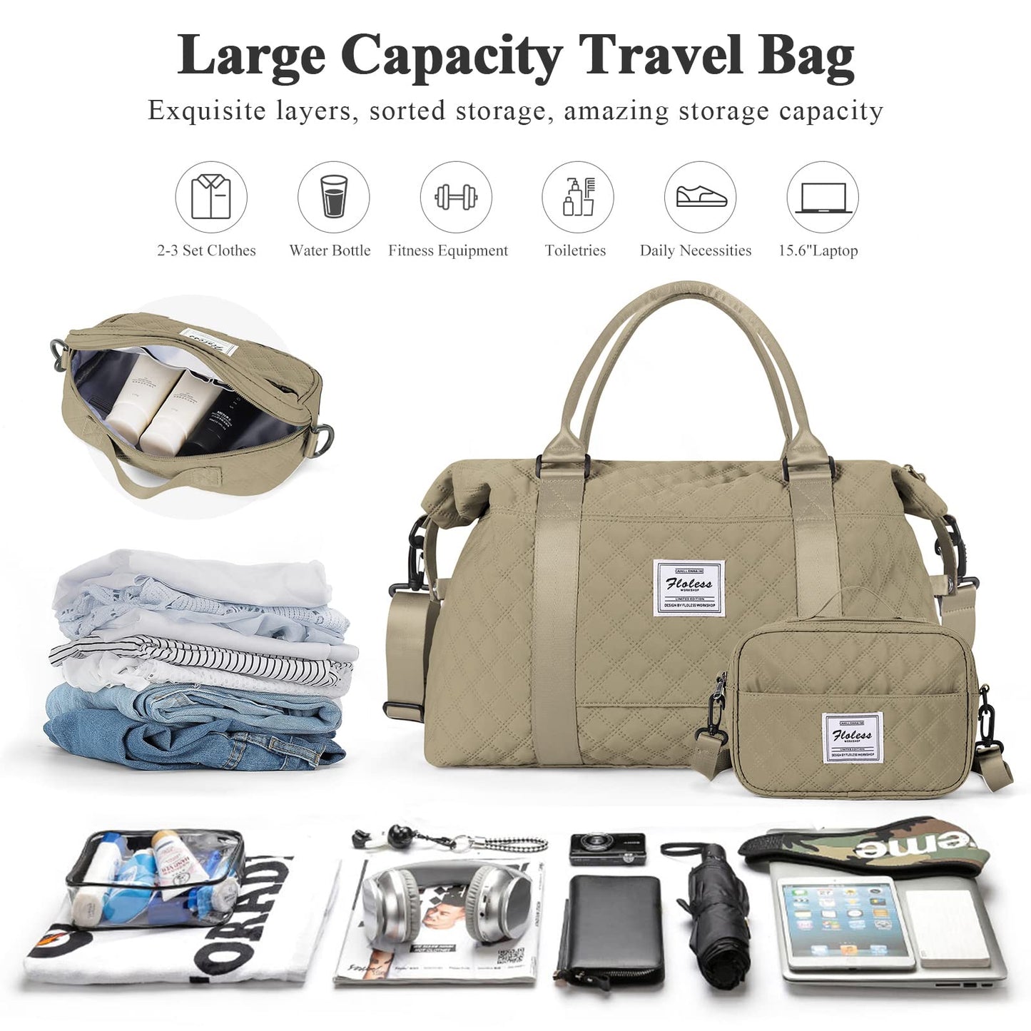 Weekender Bag for Women with Toiletry Bag, Travel Duffel Bag Overnight Carry on Bag, Gym Tote Bag with Wet Pocket,Pale Khaki